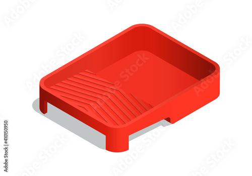 Isometric vector illustration red plastic paint tray with ribbed roll off area isolated on white background. Realistic paint tray icon in flat cartoon style. Tool for painting and renovation.