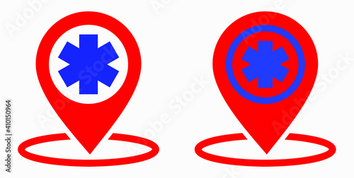 Hospital location icon. Pharmacy location. Location of the medical facility. Doctor's coordinates. Vector icon.