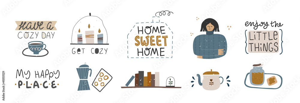 Set of decorative home objects with quotes.