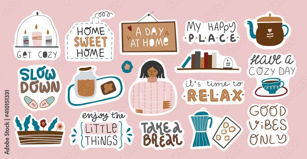 Set of cute decorative stickers with quotes. Set of cute decorative stickers with quotes.