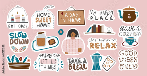 Set of cute decorative stickers with quotes.