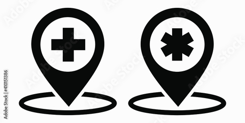 Hospital location icon. Pharmacy location. Location of the medical facility. Doctor's coordinates. Vector icon.