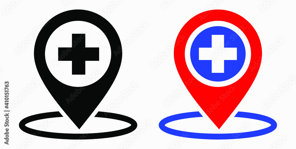 Hospital location icon. Pharmacy location. Location of the medical facility. Doctor's coordinates. Vector icon. Hospital location icon. Pharmacy location. Location of the medical facility. Doctor's coordinates. Vector icon.