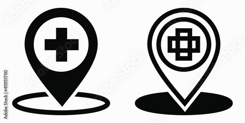 Hospital location icon. Pharmacy location. Location of the medical facility. Doctor's coordinates. Vector icon.