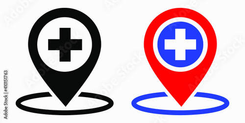 Hospital location icon. Pharmacy location. Location of the medical facility. Doctor's coordinates. Vector icon.