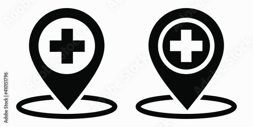 Hospital location icon. Pharmacy location. Location of the medical facility. Doctor's coordinates. Vector icon.