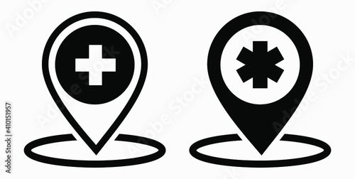 Hospital location icon. Pharmacy location. Location of the medical facility. Doctor's coordinates. Vector icon.