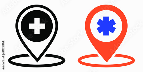 Hospital location icon. Pharmacy location. Location of the medical facility. Doctor's coordinates. Vector icon.