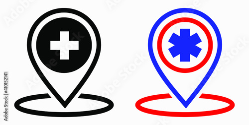 Hospital location icon. Pharmacy location. Location of the medical facility. Doctor's coordinates. Vector icon.