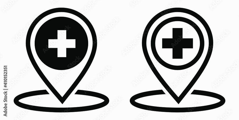 Hospital location icon. Pharmacy location. Location of the medical facility. Doctor's coordinates. Vector icon. Hospital location icon. Pharmacy location. Location of the medical facility. Doctor's coordinates. Vector icon.