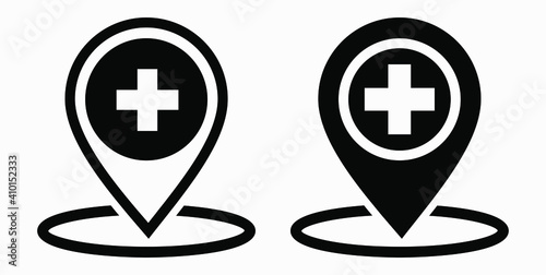 Hospital location icon. Pharmacy location. Location of the medical facility. Doctor's coordinates. Vector icon.