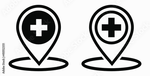 Hospital location icon. Pharmacy location. Location of the medical facility. Doctor's coordinates. Vector icon.