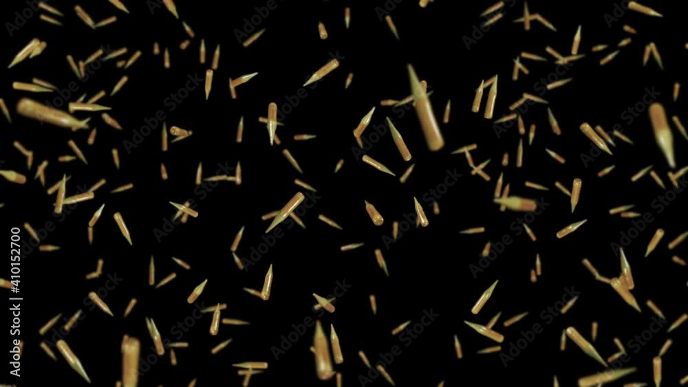 Flying many ammunition bullets on black background. Military concept. Mock up. Brown pistol bullets. 3D loop animation of bullet rotating. Flying many ammunition bullets on black background. Military concept. Mock up. Brown pistol bullets. 3D loop animation of bullet rotating.