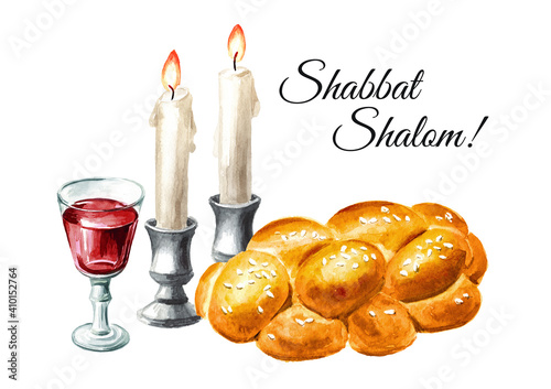 Wallpaper Mural Shabbat Shalom card, Traditional jewish celebration oh the Shabbat, challah, candles and wine