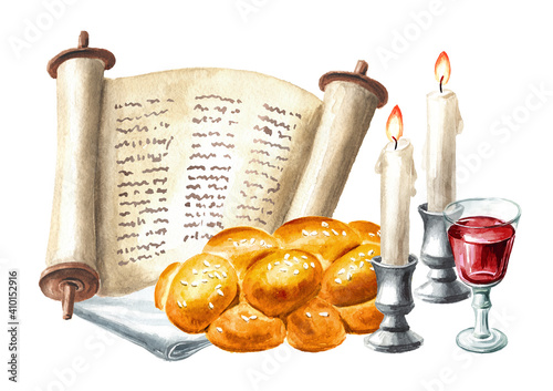 Tableau sur toile Shabbat Shalom card, Traditional jewish celebration oh the Shabbat, challah, candles, Torah scroll