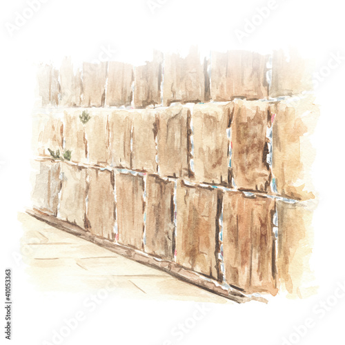 Western or wailing or crying Wall in Jerusalem, Israel. Hand drawn watercolor illustration, isolated on white background