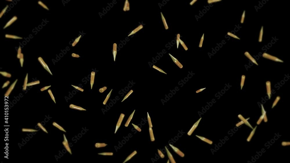 Flying many ammunition bullets on black background. Military concept. Mock up. Brown pistol bullets. 3D loop animation of bullet rotating. Flying many ammunition bullets on black background. Military concept. Mock up. Brown pistol bullets. 3D loop animation of bullet rotating.