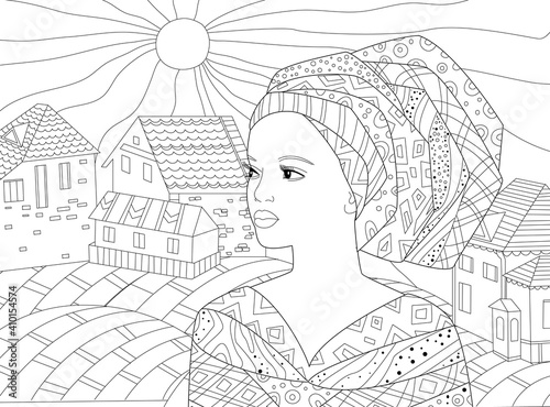 Beautiful african woman looking away against cute town. fashion