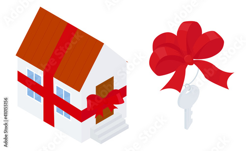 Gift home. Cartoon house wrapped with red ribbon. Key with bow. Vector illustration flat design style Isolated on white background.