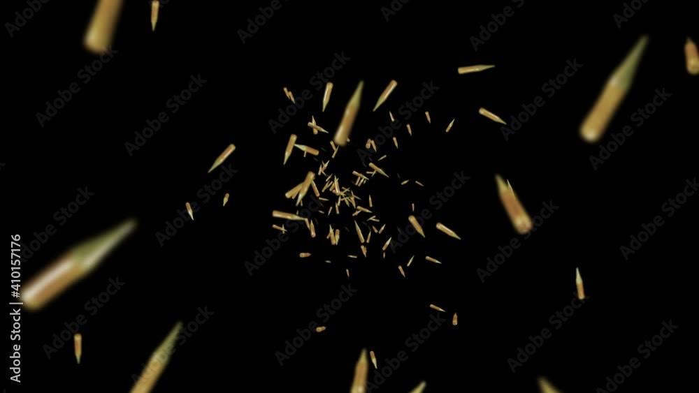 Rotating Bullet Flying many ammunition bullets on black background. Military concept ...