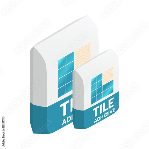 Isometric vector illustration of ceramic tile adhesive bags isolated on white background. Paper sacks vector icon. Cartoon isometric tile glue bags icon in flat cartoon style. Building materials.