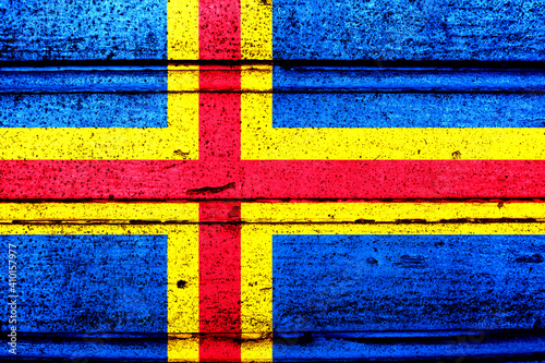 National flag of Aland Islands, abbreviated with ax; a realistic 3d image of the national symbol from an independent country painted on a wooden wall