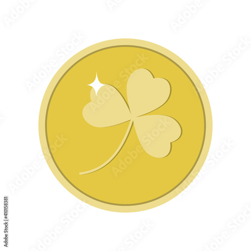 Golden lucky coin with clover for good luck on Patrick's Day, vector isolated illustration on white background in flat style, icon, logo, design, decoration, sticker, print