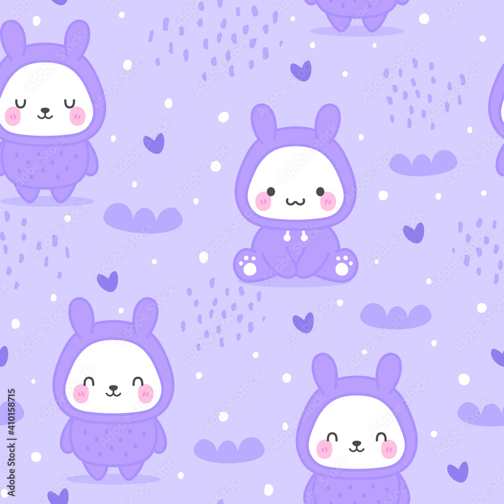 Bunny Rabbit wearing hoodie, Kawaii seamless pattern, vector illustration background, easter wallpaper for kids Bunny Rabbit wearing hoodie, Kawaii seamless pattern, vector illustration background, easter wallpaper for kids