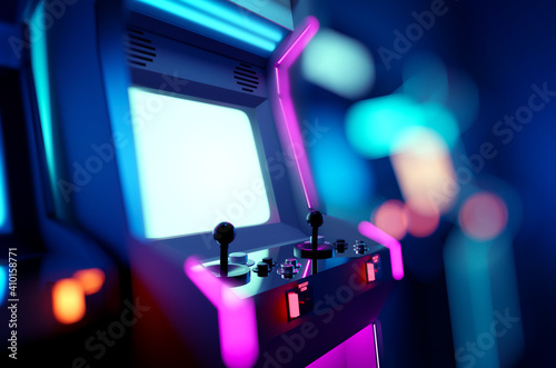 Foto Retro neon glowing arcade machines in a games room