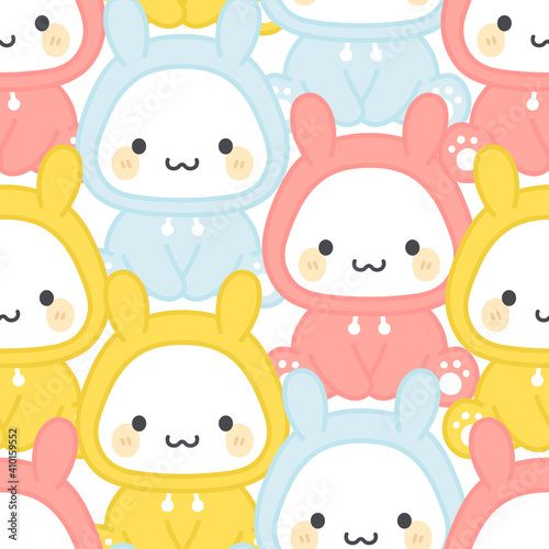 Bunny Rabbit wearing hoodie  Kawaii seamless pattern  vector illustration background  easter wallpaper for kids
