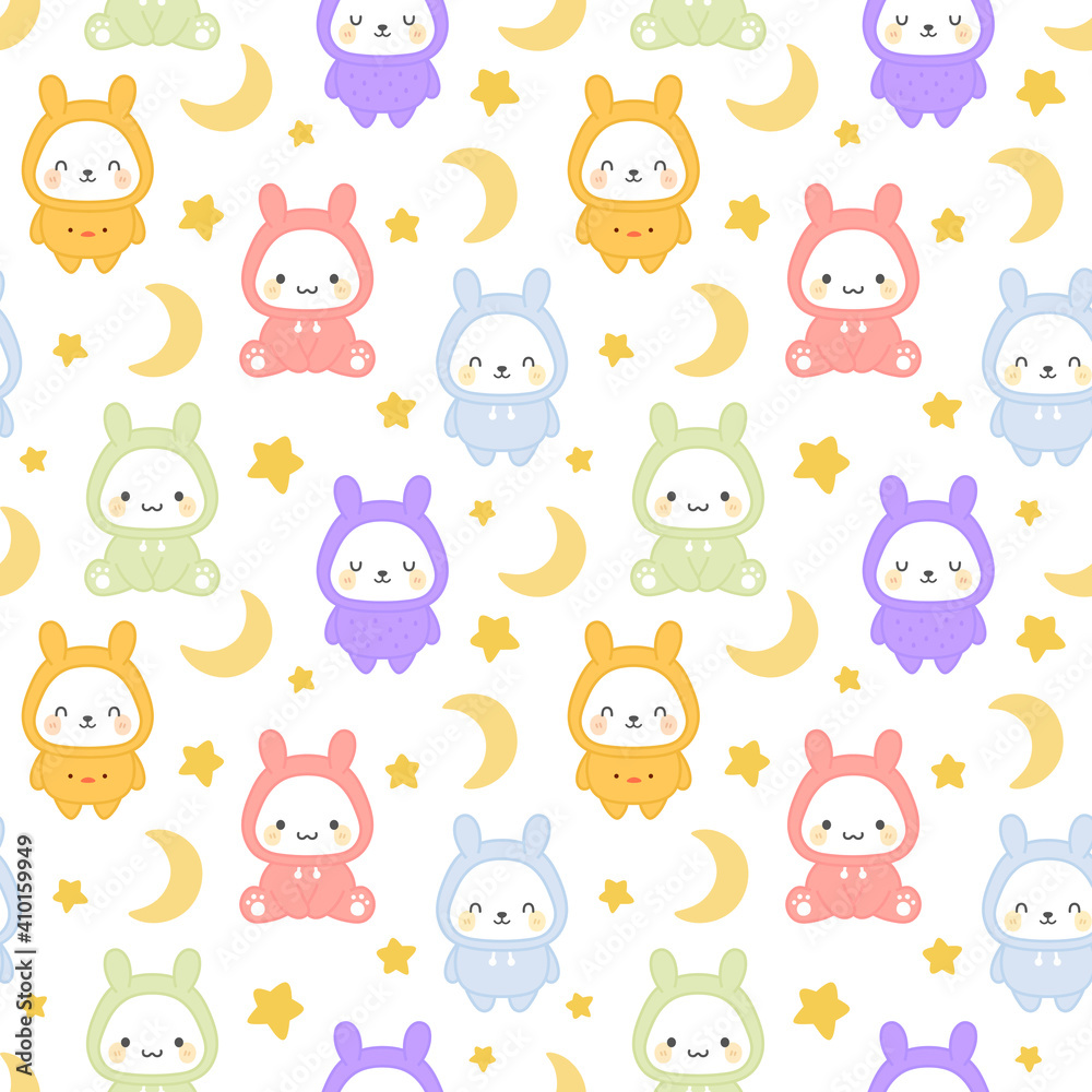 Bunny Rabbit wearing hoodie, Kawaii seamless pattern, vector illustration background, easter wallpaper for kids