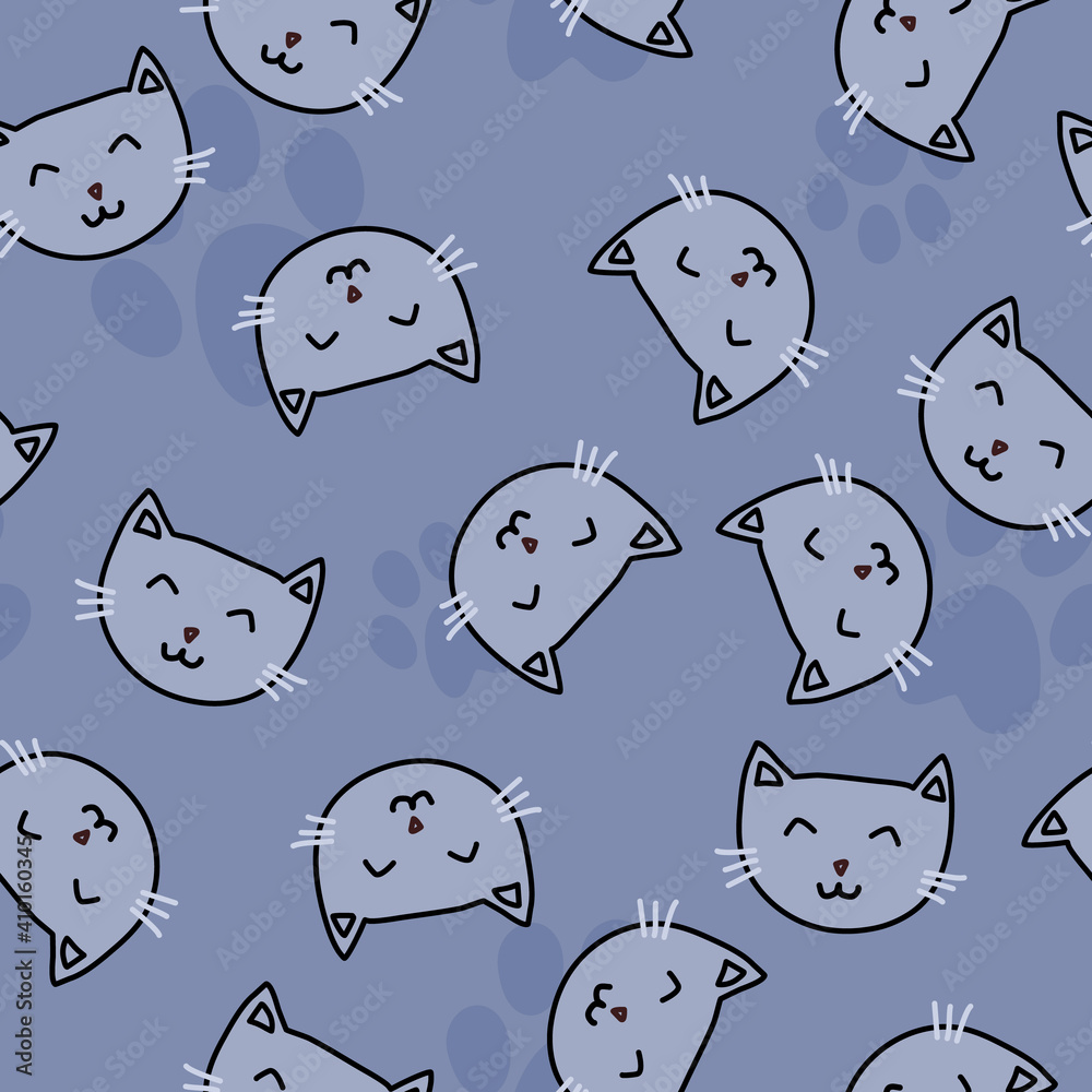 Seamless pattern. Cute cat head with a friendly smile, feline footprints on the background. Funny texture in blue and grey colours for textile, wrapping paper or background Seamless pattern. Cute cat head with a friendly smile, feline footprints on the background. Funny texture in blue and grey colours for textile, wrapping paper or background