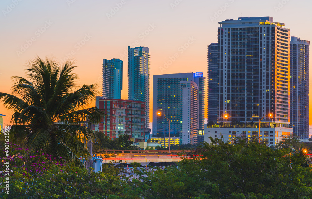 Fototapeta premium country skyline at sunrise miami buildings midtown palms views apartments city sky beautiful cute