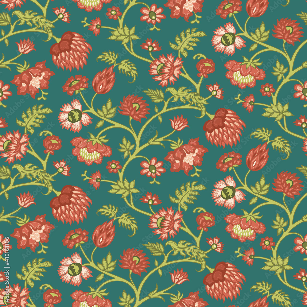 floral seamless vector pattern with pink and red flowers and green leaves on turquoise background