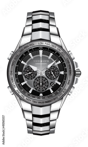 Realistic silver clock wrist watch black face on white background design for men luxury vector illustration.