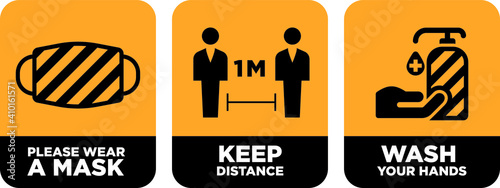wear mask, keep distance, wash hand signage