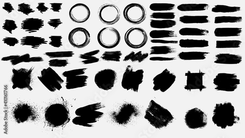 Big collection of black paint  ink brush strokes  brushes  lines  grungy. Dirty artistic design elements  boxes  frames. Vector illustration. Isolated on white background. Freehand drawing