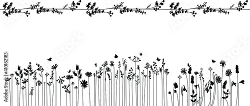 Endless pattern brush and floral elements isolated on white