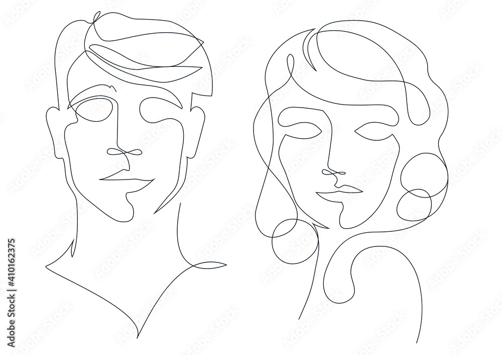 One line drawing face. Modern minimalism art, aesthetic contour. Abstract woman and man portrait minimalist style. Single line vector illustration