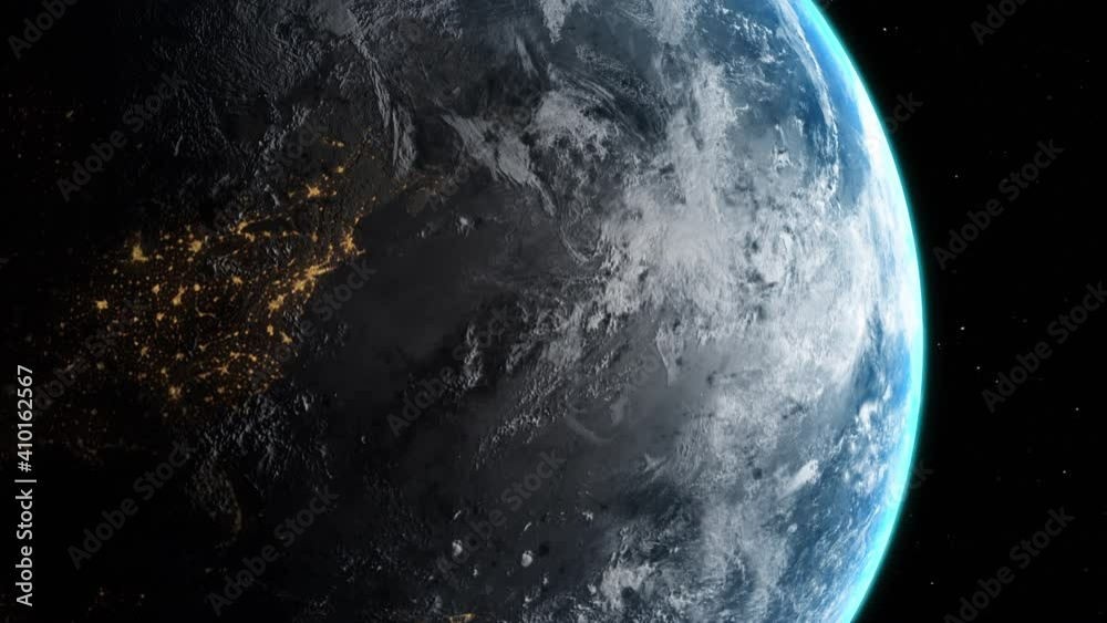 Sunrise and shadow on the earth rotate in space with star in universe. Realistic atmosphere 3D volumetric clouds texture surface.