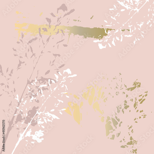 Abstract botanical background with realistic plants, paint strokes and golden texture. Isolated shapes under clipping mask for easy editing. Pastel colored creative vector template