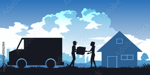 Silhouette of activities of people,woman receive parcel from messenger,vector illustration