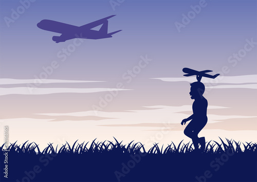silhouette design of boy play model plane following real plane,vector illustration