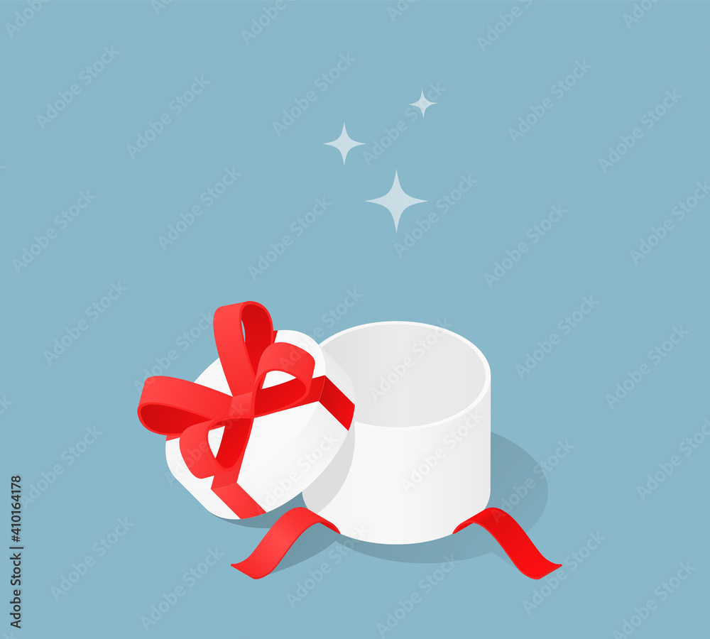 Realistic vector illustration open white round gift box with red ribbon  bow. Isometric open gift box icon in flat cartoon style. White present box  with ribbon bow vector illustration. Stock Vector |