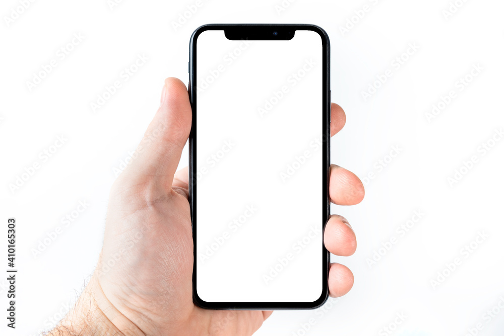 The hand is holding the white screen, the mobile phone is isolated on a white background with the clipping path.