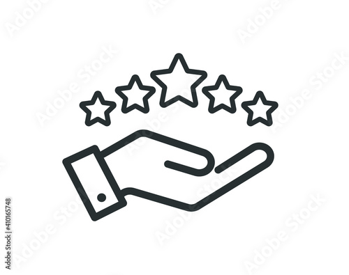 Five stars in hand icon. Top services rating icon isolated on white background. Simple flat style. Vector illustration