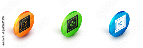 Isometric Safe icon isolated on white background. The door safe a bank vault with a combination lock. Reliable Data Protection. Circle button. Vector.