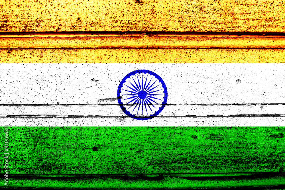 National flag of India, abbreviated with in; a realistic 3d image of the national symbol from an independent country painted on a wooden wall