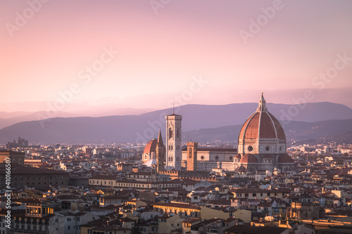 A sunset view of old town Florence cityscape skyline, and Cathedral of Santa Maria del Fiore (il duomo) from Piazzale Michelangelo.