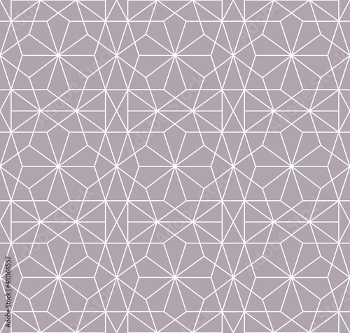 Repeating geometrical shapes line pattern in white outline. Contemporary vector illustration on a light brown-grey background.